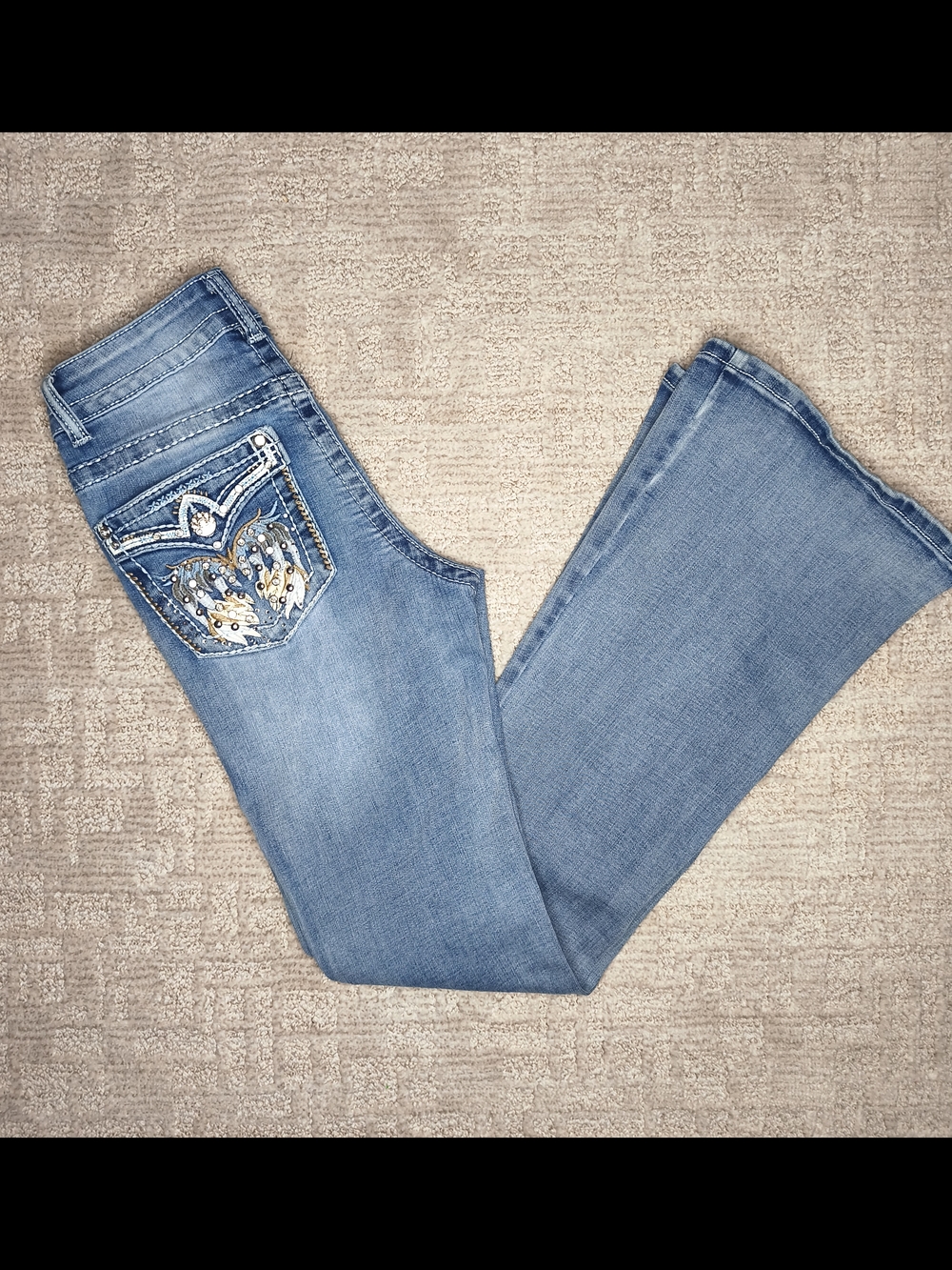 Telepatia Y2K Embellished Flare Jeans Womens Sz 0 Rhinestone Bling Pocket Denim